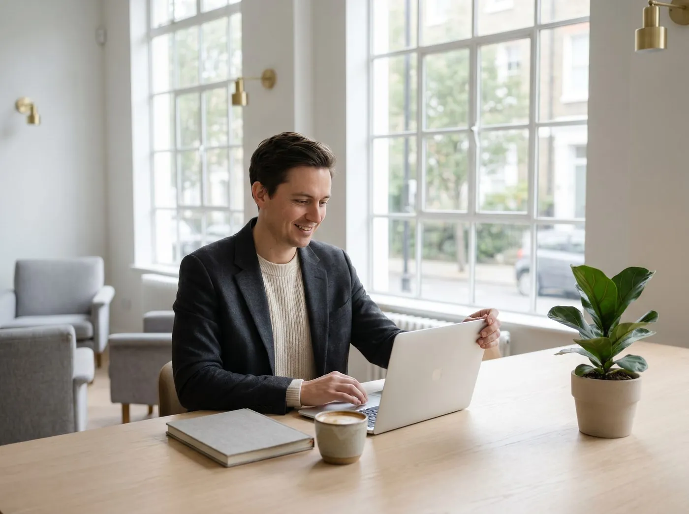 Founder of a new limited company starting work at a bright office desk